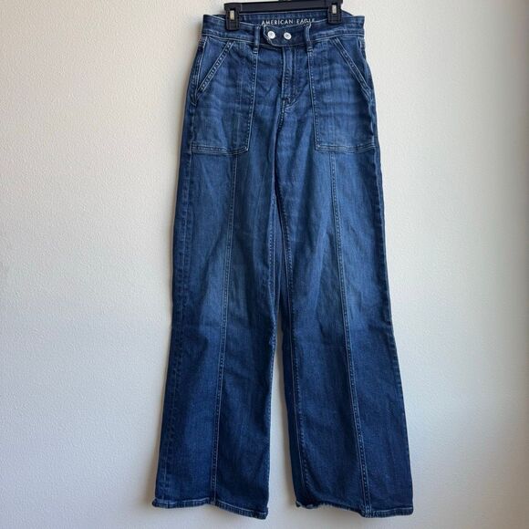 American Eagle Baggy Barrel Wide Leg Dark Solid Wash Jean Size 0 Regular 26 - Picture 1 of 7